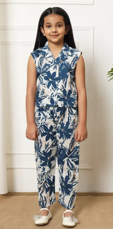 Sleeveless Blue White Floral Cotton Coord Set